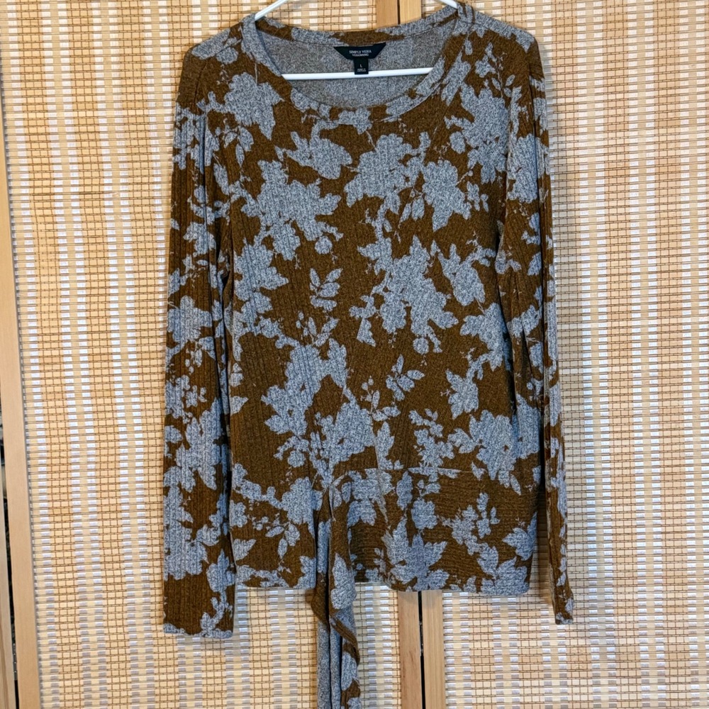 Simply Vera Vera‎ Wang Brown Grey Floral Ribbed Long Sleeve Side Tie Top Large